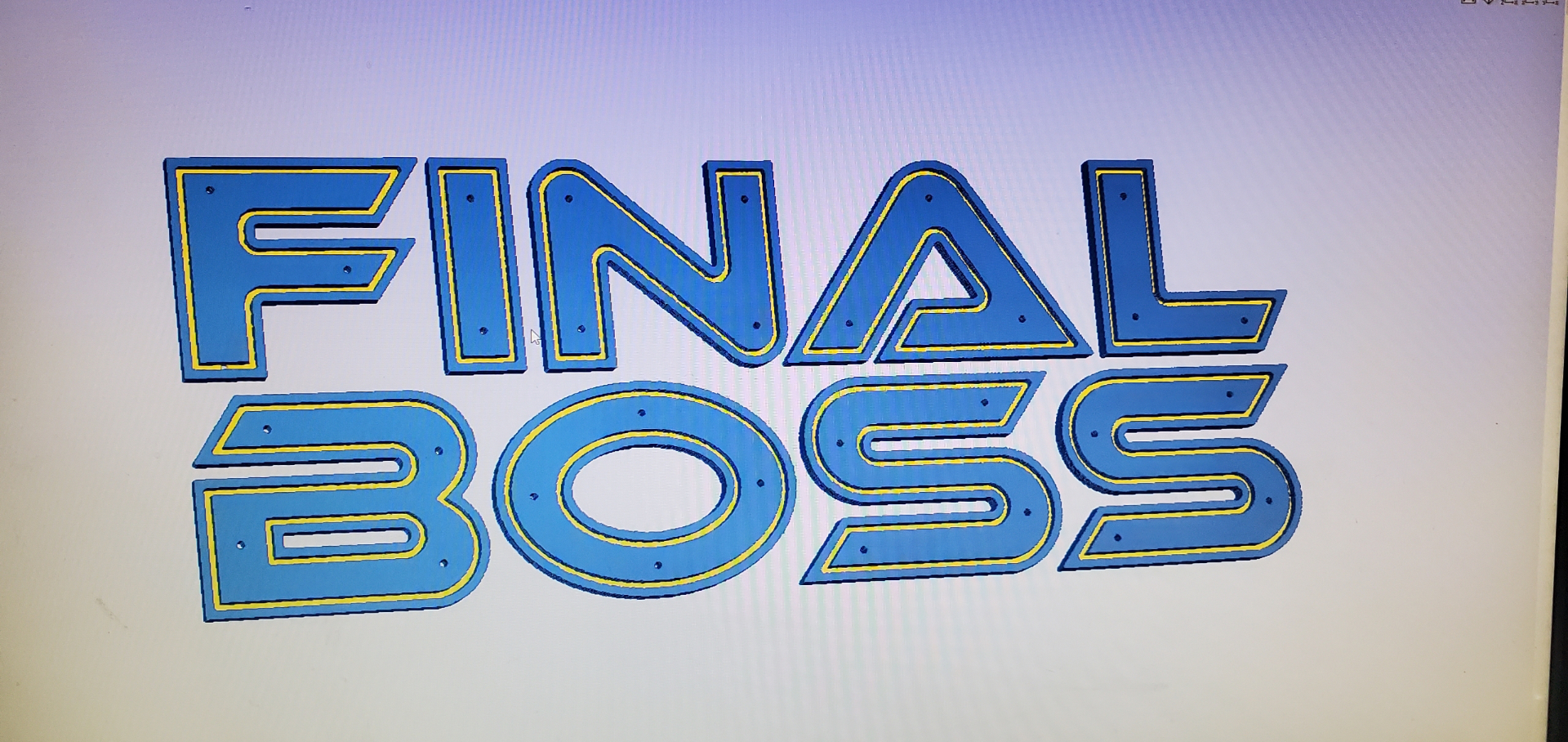CAD rendering of a dimensional FINAL BOSS yacht sign with mounting points marked