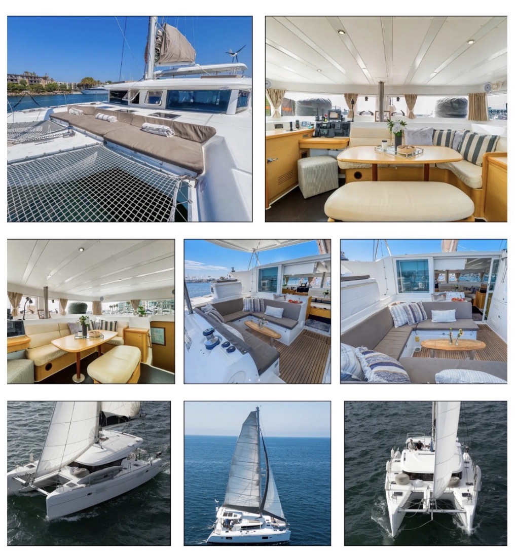 42' Lagoon Catamaran photo gallery showing interior saloon, cockpit, trampolines, and exterior sailing views