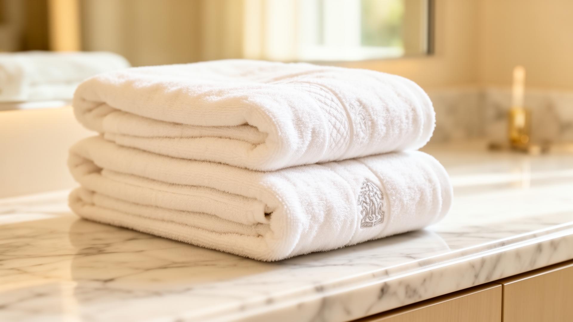 Plush white spa towels folded on marble — luxury yacht amenities