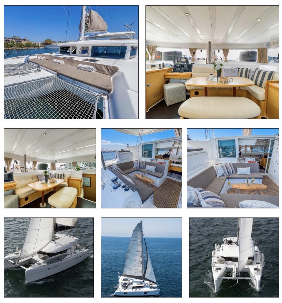 42' Lagoon Catamaran photo gallery showing interior saloon, cockpit, trampolines, and exterior sailing views